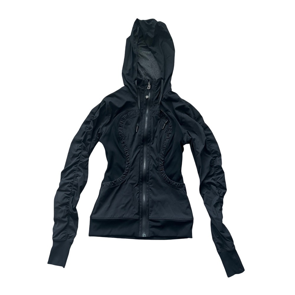 Lululemon Black Ribbed Ruched Full Zip Hoodie Jacket Thumbholes (0912)